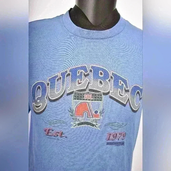 1992 QUEBEC NORDIQUES NHL Blue Single Needle Trench Ultra Tee Shirt Large USA - Picture 6 of 15